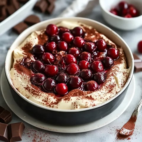 A bowl of cake with chocolate and cherries.