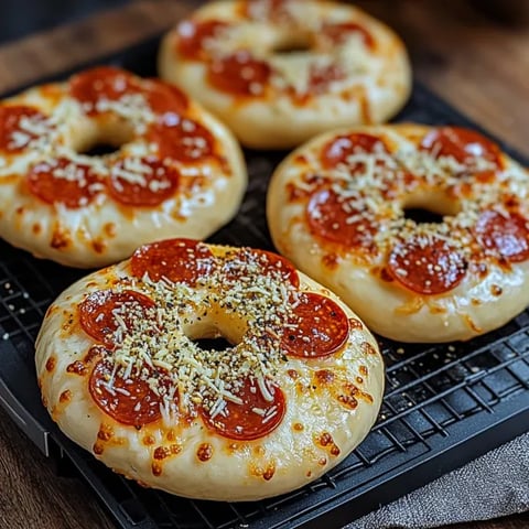 Four pepperoni pizza bagels on a cooling rack.