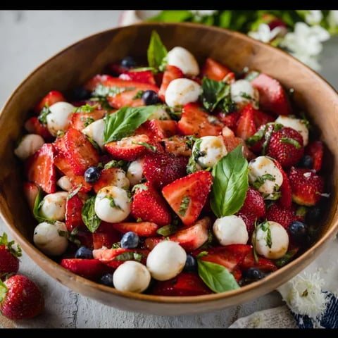 A bowl of fruit salad with strawberries, blueberries, and cheese.