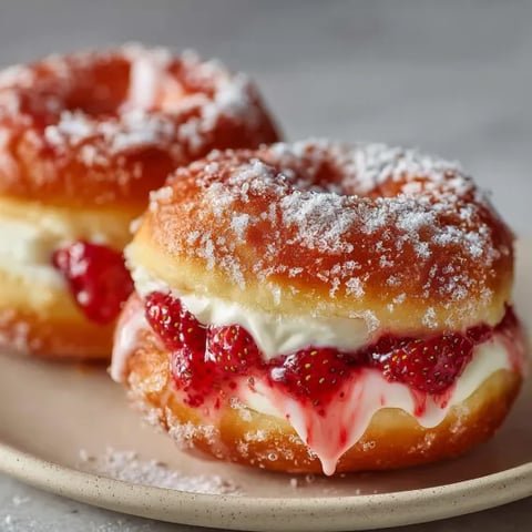 Two donuts with strawberry and whipped cream.