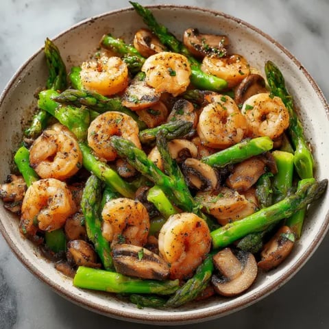 A bowl of shrimp and asparagus.