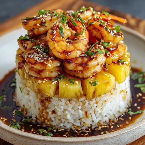 A plate of shrimp with rice and sauce.