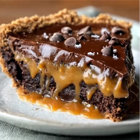 A slice of chocolate cake with caramel drizzle.