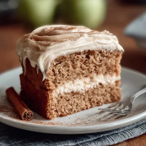 A slice of cake with white frosting and cinnamon on a plate.
