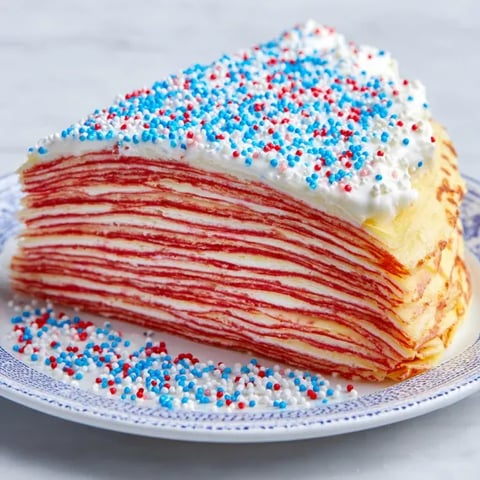 A slice of red velvet cake with white frosting and blue sprinkles.