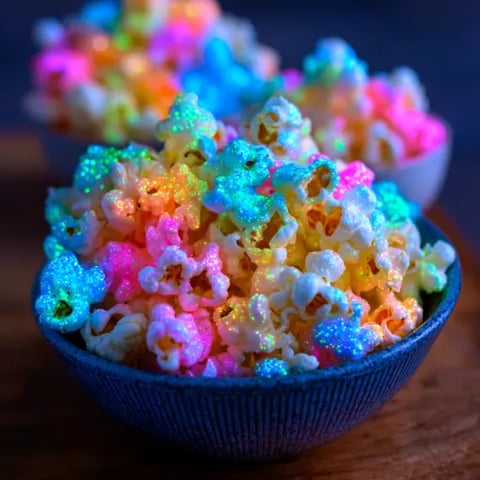 A bowl of popcorn with neon colors.