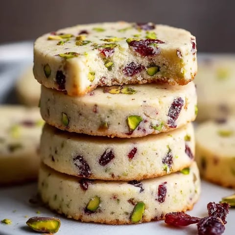 A stack of cookies with pistachio nuts on top.