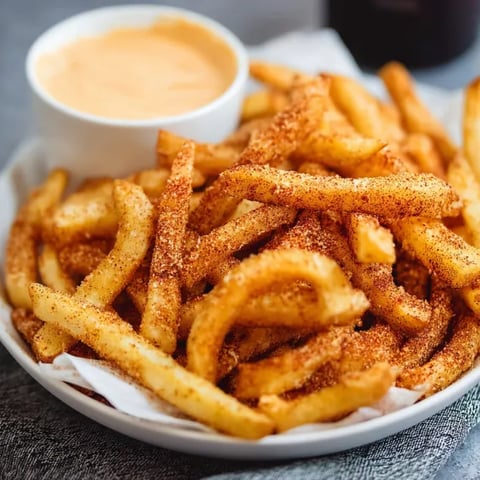 A plate of french fries with a dipping sauce.