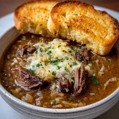 A bowl of soup with a piece of bread on top.