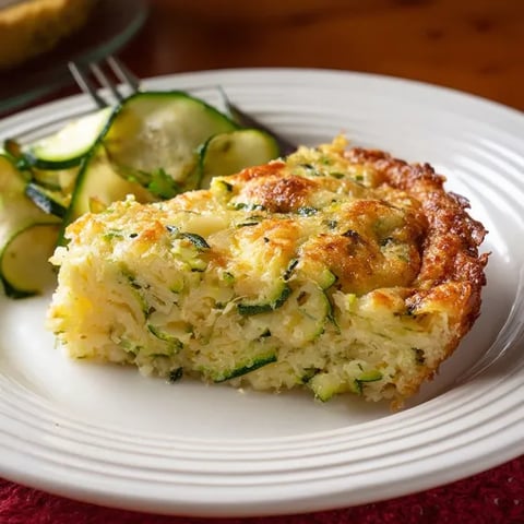 A slice of zucchini casserole on a white plate.
