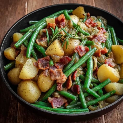 A plate of food with green beans and potatoes.