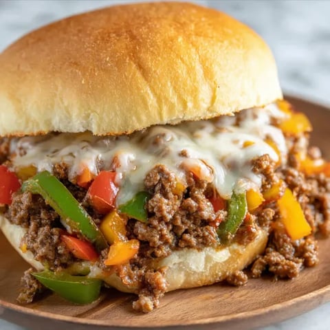 A sandwich with meat and peppers on a wooden board.