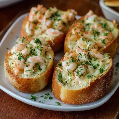 A plate of bread with shrimp on top.