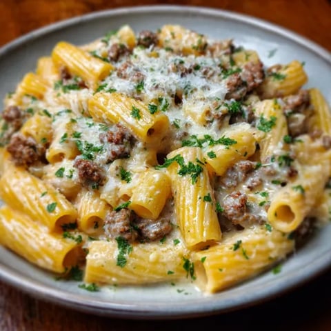 A plate of pasta with meat and cheese.