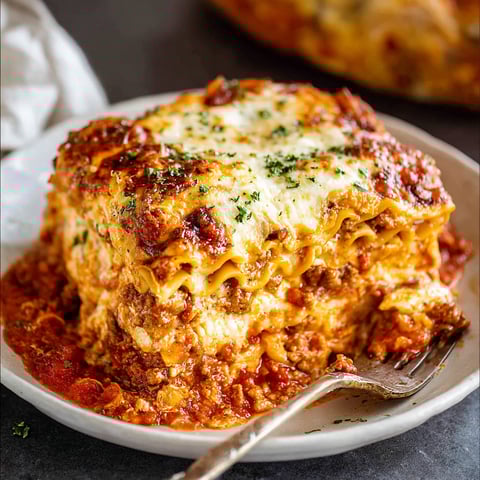 A plate of lasagna with a fork on it.