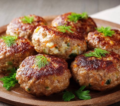 A plate of meatballs with vegetables and cheese.