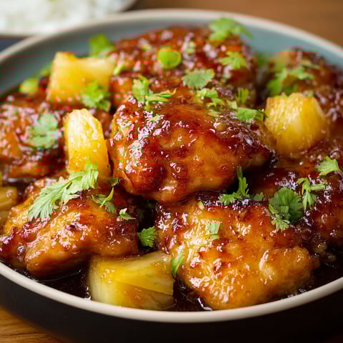 A bowl of brown sugar pineapple chicken.