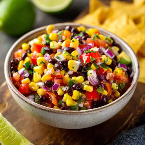 A bowl of Zesty Black Bean Corn Salsa.