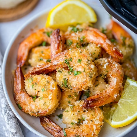A bowl of shrimp with garlic and Parmesan cheese.