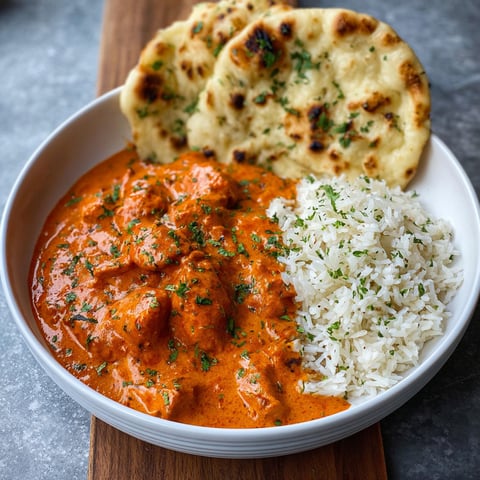 A bowl of butter chicken with rice and a tortilla.