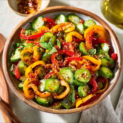 A bowl of cucumber and bell pepper salad.