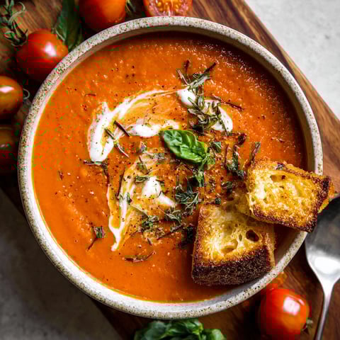 A bowl of soup with a spoon in it.