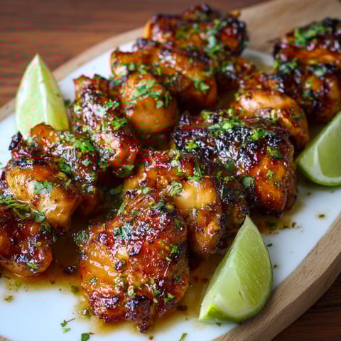 Spicy honey lime chicken on a wooden platter.