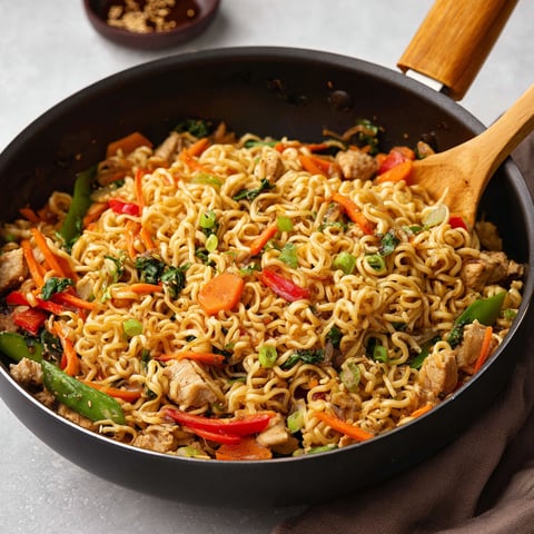 A bowl of chicken stir fry with noodles and vegetables.