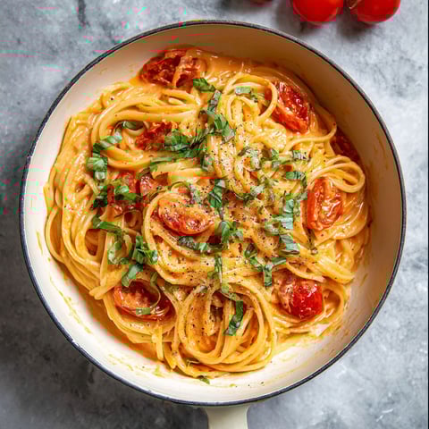 A bowl of pasta with tomatoes and herbs.