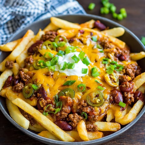A plate of chili cheese fries.