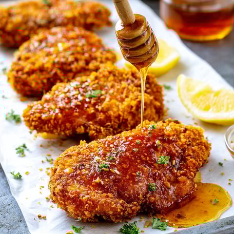 A plate of baked crunchy hot honey chicken.