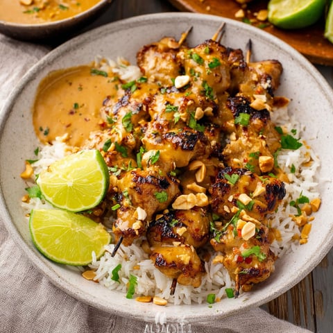 A bowl of Thai Peanut Chicken with rice and lime wedges.