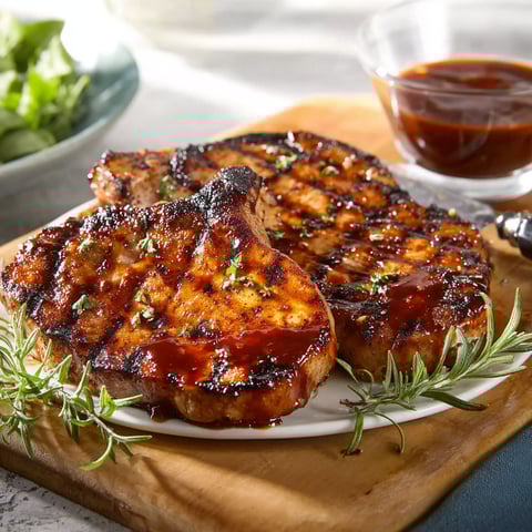 A plate of pork chops with a sauce on top.