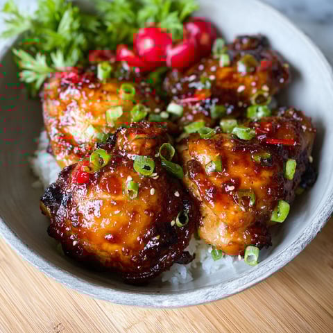 A bowl of chicken thighs with rice and vegetables.