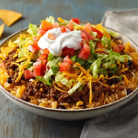 A bowl of rice with beans, tomatoes, lettuce, and cheese.