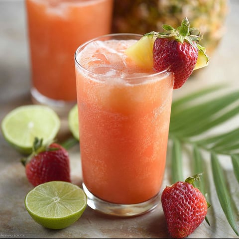 A glass of pineapple strawberry aguafiela.