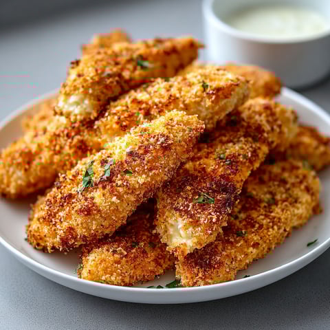 A plate of crispy baked chicken tenders.
