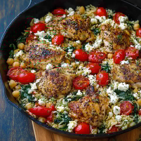 A dish of Greek chicken and lemon rice.
