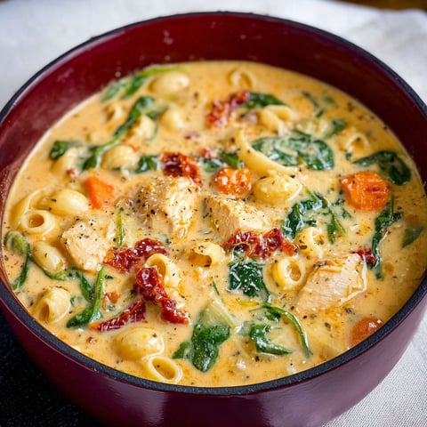 A bowl of creamy Tuscan chicken soup.