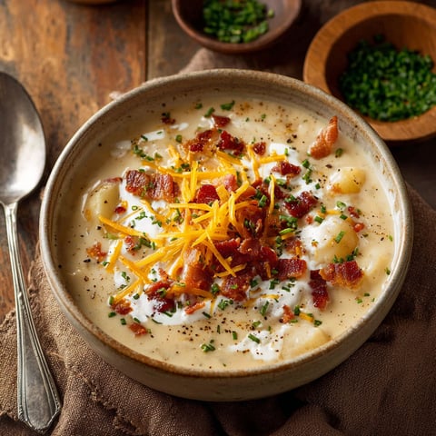 A bowl of soup with bacon and cheese.