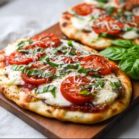 A pizza with tomatoes, cheese, and basil.