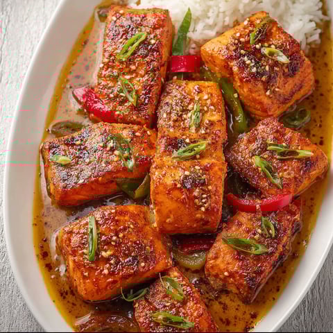 A plate of salmon with a sauce on top.