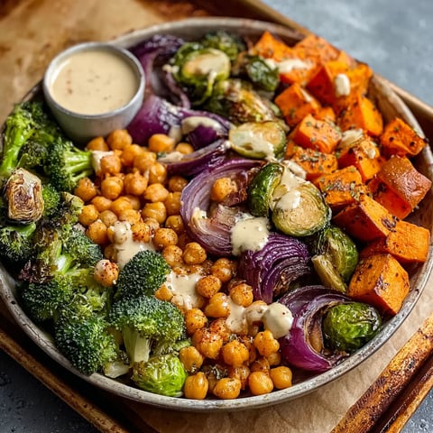 A bowl of roasted vegetables and chickpeas with a maple dijon tahini dressing.