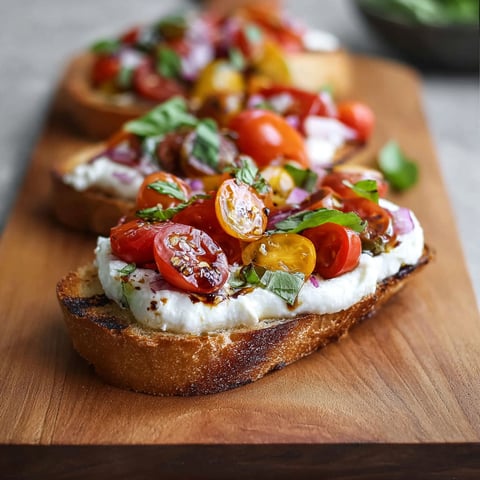 A slice of burrata bruschetta with tomatoes and basil.