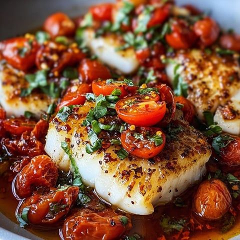 Pan-seared Mediterranean cod in tomato basil sauce.