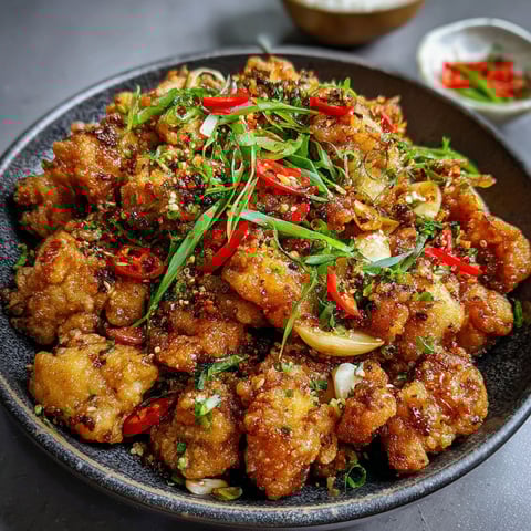 A bowl of crispy chicken with peppers and onions.