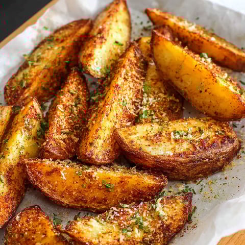 Seasoned baked potato wedges on a plate.
