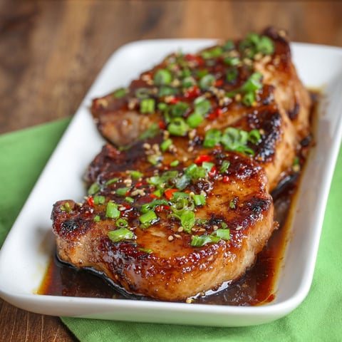A plate of Korean pork chops with a green cloth underneath.