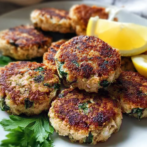 A plate of chicken patties with lemon wedges on the side.