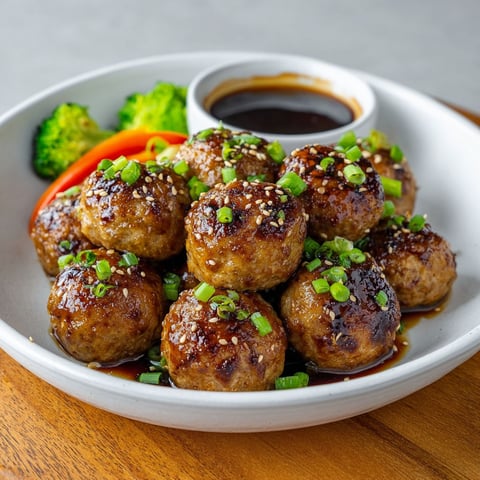 A plate of meatballs with a dipping sauce.